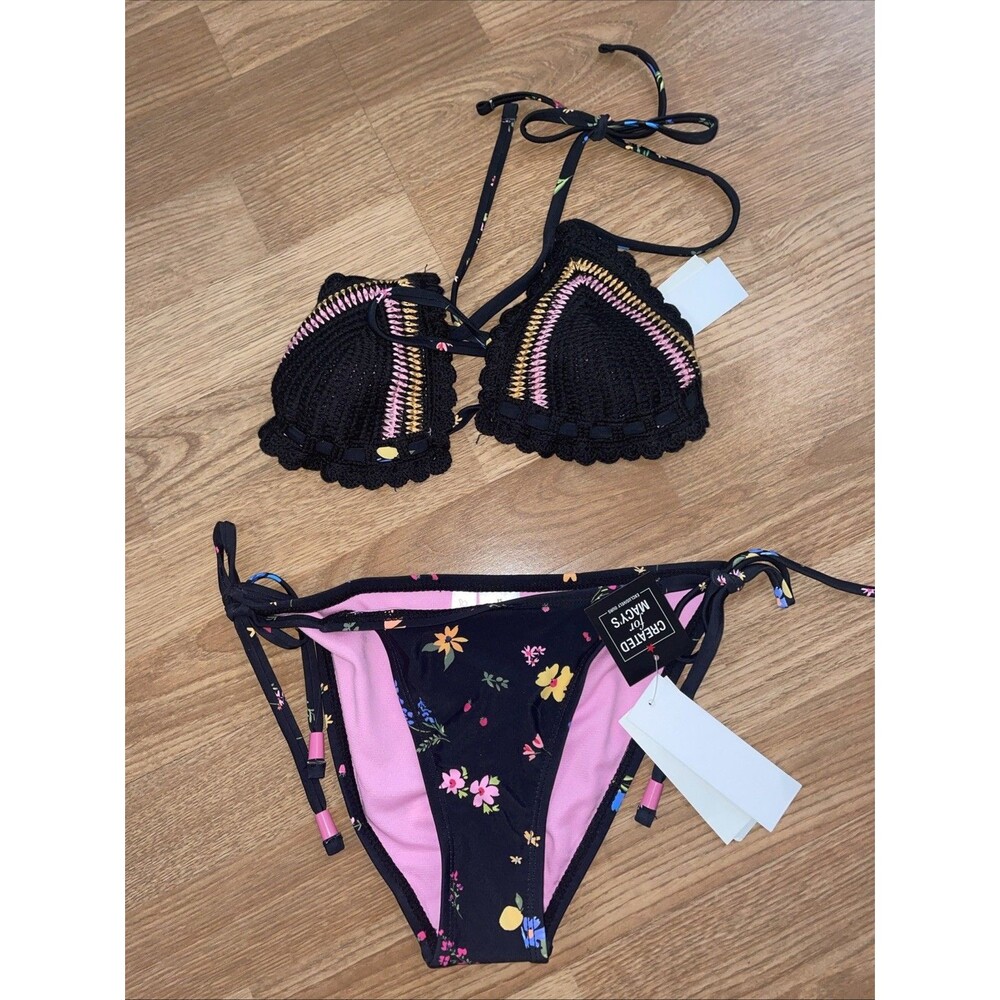 Salt + Cove 2 Piece Crochet Halter Triangle Bikini Set Size L Black Floral New - Picture 3 of 11